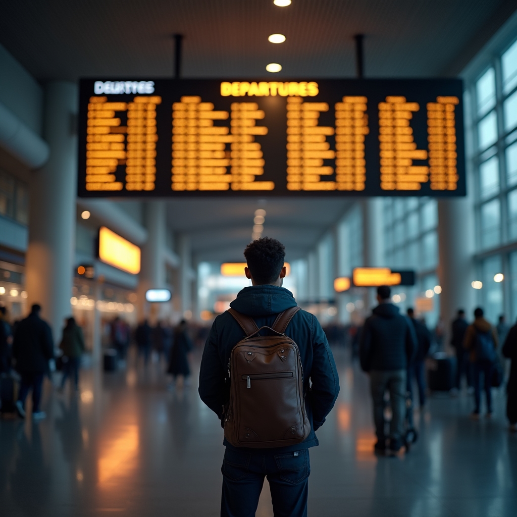 Pasager la aeroport privind spre tabloul de plecări