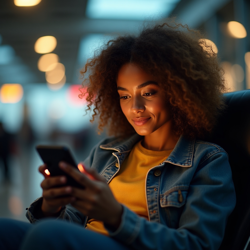 Pasager citind informații despre drepturi pe telefon la aeroport